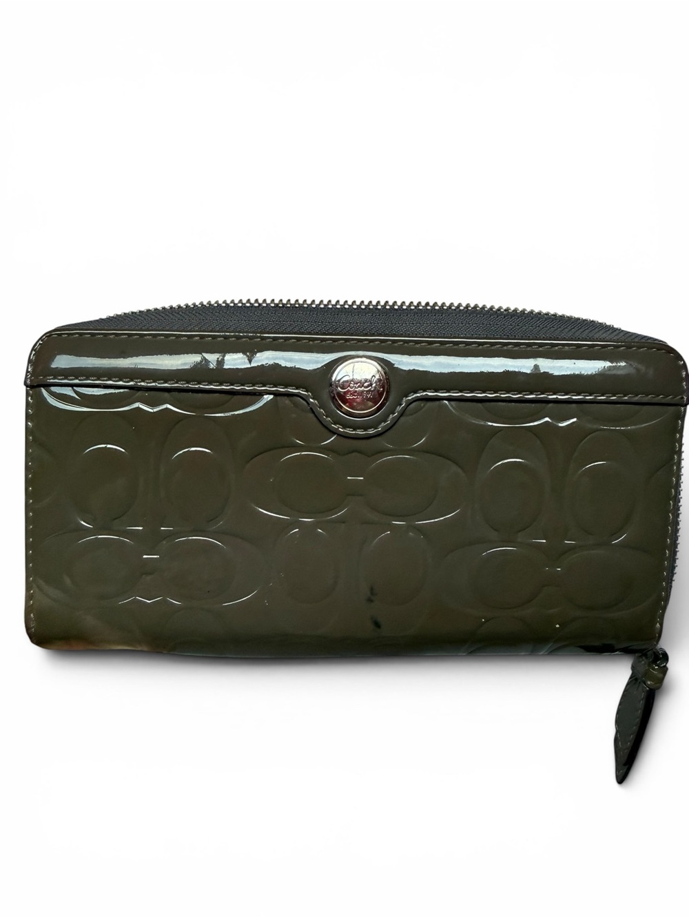 Coach Glossy Patent Leather Signature Zip Around Wallet Gray Olive Taupe